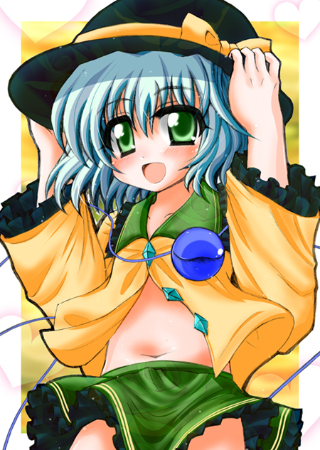 1girl, blue_hair, blush, green_eyes, hat, komeiji_koishi, miwatari_renge, open_mouth