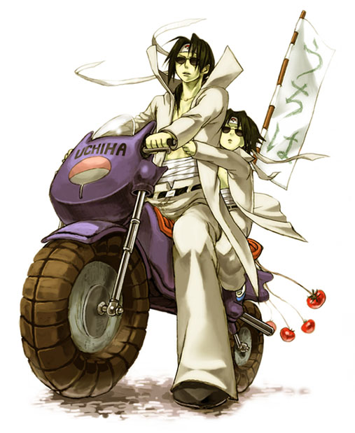 brothers, delinquent, glasses, headband, height_difference, motor_vehicle, motorcycle, naruto, siblings, sunglasses, tomato, tomatoes, uchiha_itachi, uchiha_sasuke, vegetable, vehicle