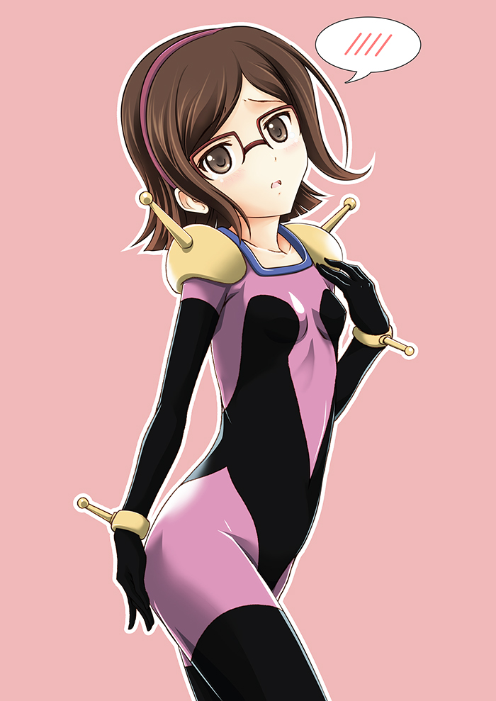 1girl, blush, bodysuit, brown_eyes, brown_hair, collarbone, cosplay, g_gundam