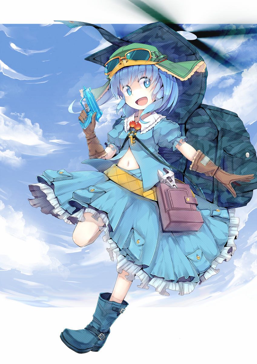 1girl, adjustable_wrench, backpack, bag, belt, blue_eyes, blue_hair, blue_sky