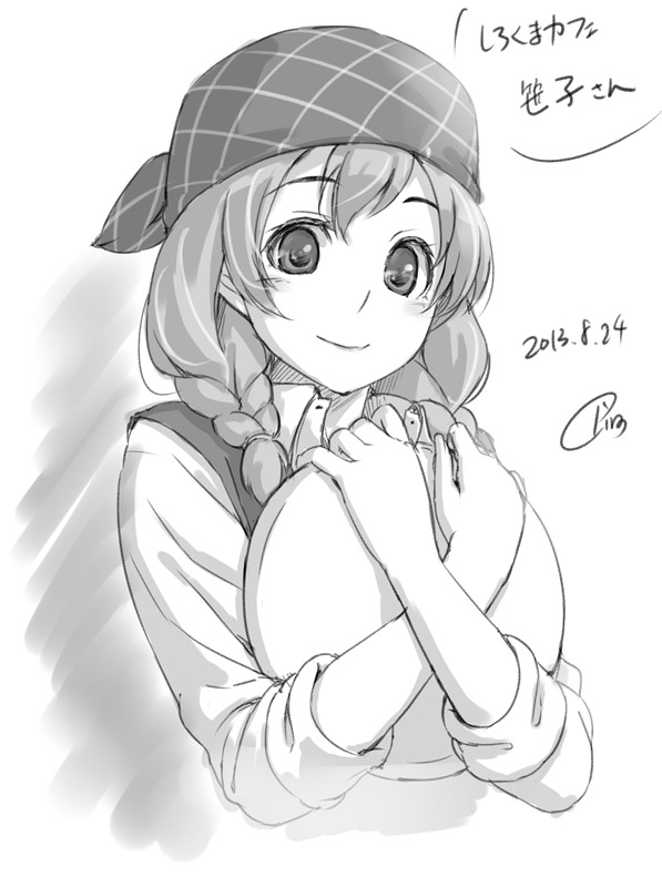 1girl, bandana, braid, monochrome, piro_(artist), sasako_(shirokuma_cafe), shirokuma_cafe, tray