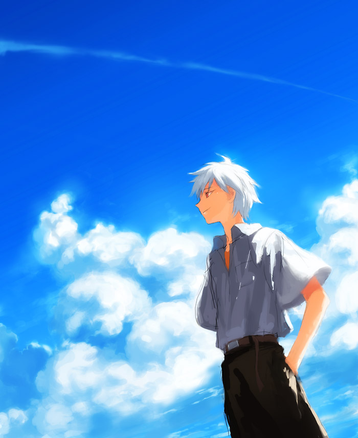 1boy, apfelbonbon, grey_hair, male, nagisa_kaworu, neon_genesis_evangelion, red_eyes, school_uniform, solo