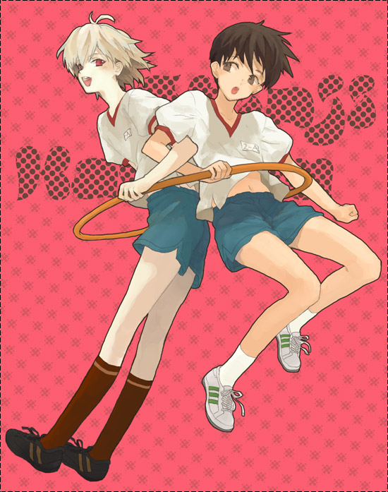 apfelbonbon, blush, brown_eyes, brown_hair, brown_legwear, grey_hair, gym_uniform, hoop, hula_hoop, ikari_shinji, kneehighs, nagisa_kaworu, neon_genesis_evangelion, red_eyes, shoes, sneakers, socks, white_legwear