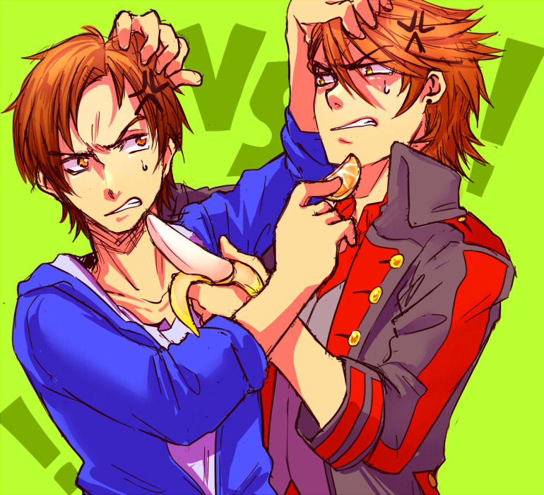 2boys, anger_vein, banana, brown_hair, bust, food, fruit, hair_grab