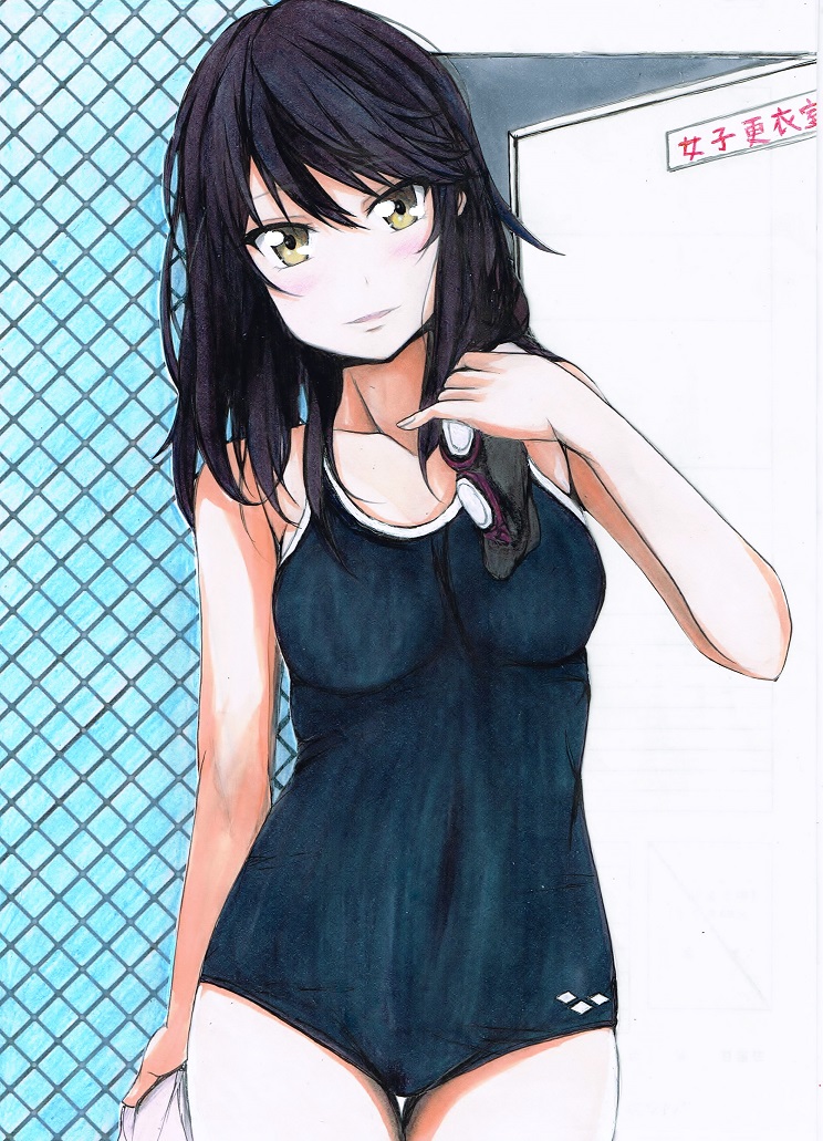 1girl, black_hair, blush, chain-link_fence, goggles, holding, ichijou_hotaru, long_hair