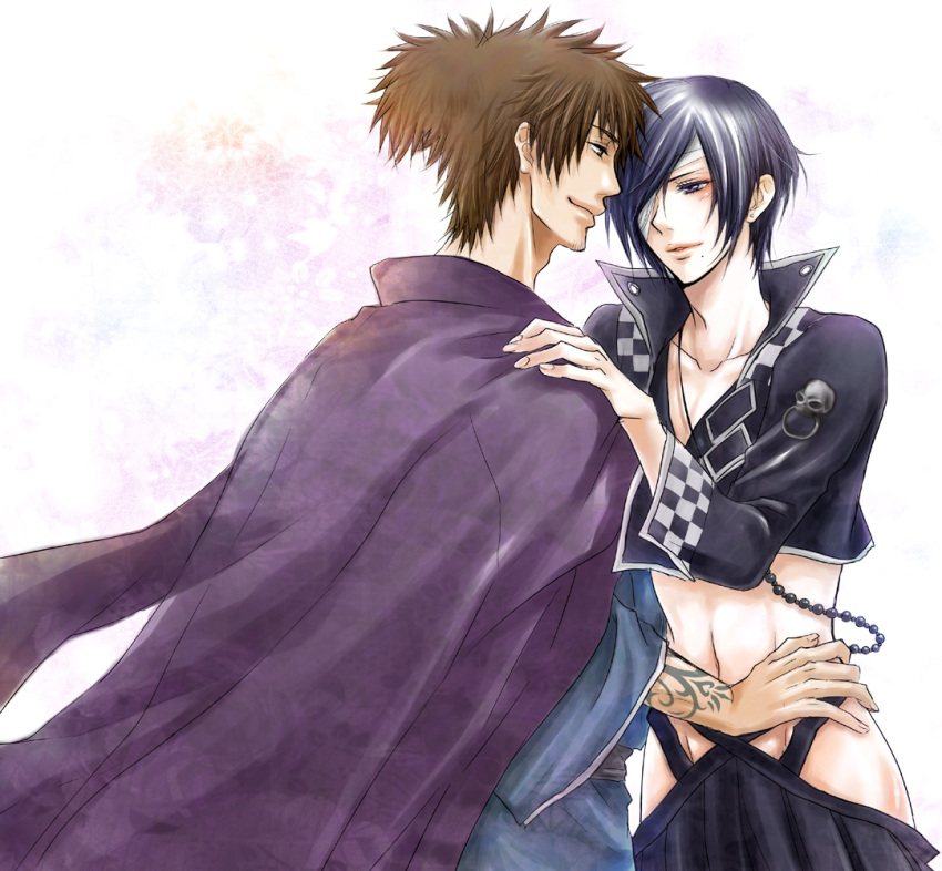 2boys, black_eyes, black_hair, brave_10, brown_eyes, brown_hair, hair_over_one_eye, japanese_clothes