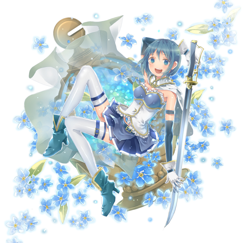 1girl, :d, armband, belt, blue_eyes, blue_hair, cape, ena1215