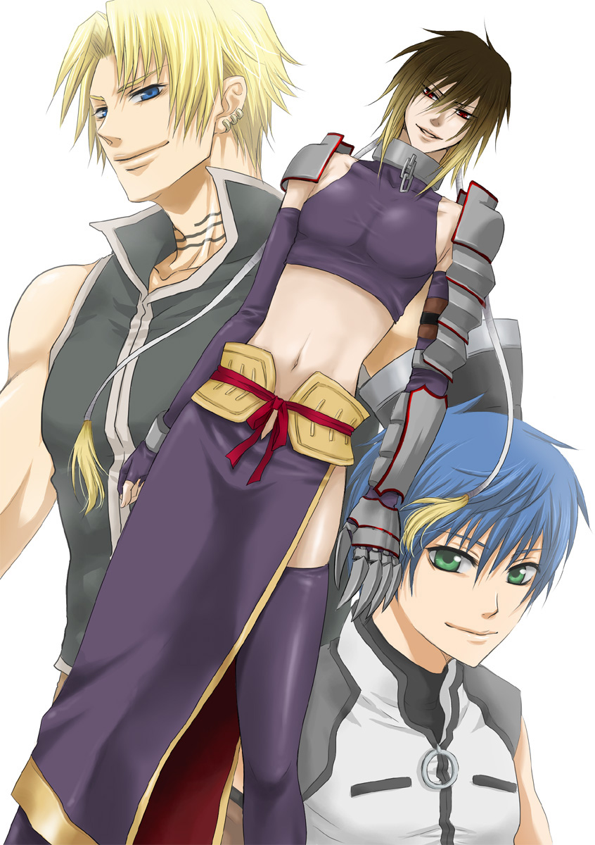 1boy, 3boys, albel_nox, blonde_hair, blue_eyes, blue_hair, brown_hair, cliff_fittir