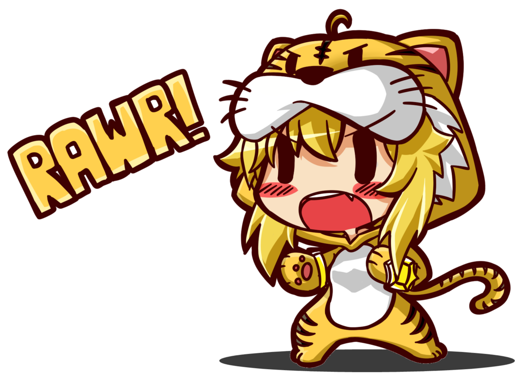 >:3, 1girl, :3, ahoge, animal_costume, blonde_hair, blush_stickers, chibi, fang, gauntlets, roaring, rwby, shizumi_kai, solo, tiger_costume, tiger_print, words, yang_xiao_long, |_|