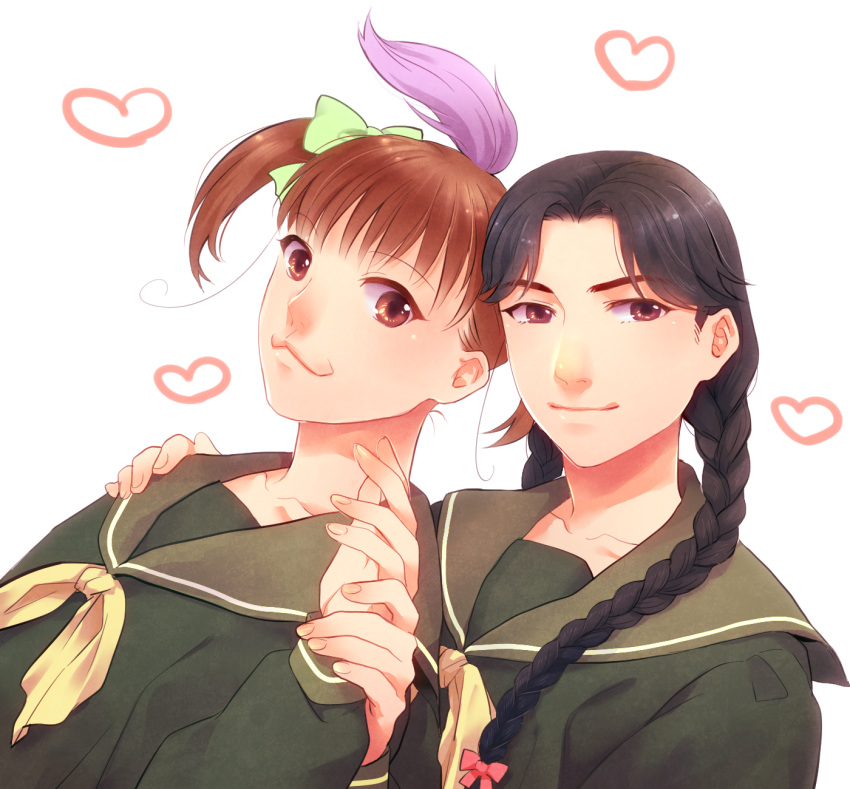 2girls, bow, braid, brown_eyes, brown_hair, genderswap, hair_bow, hayashida_shinjirou