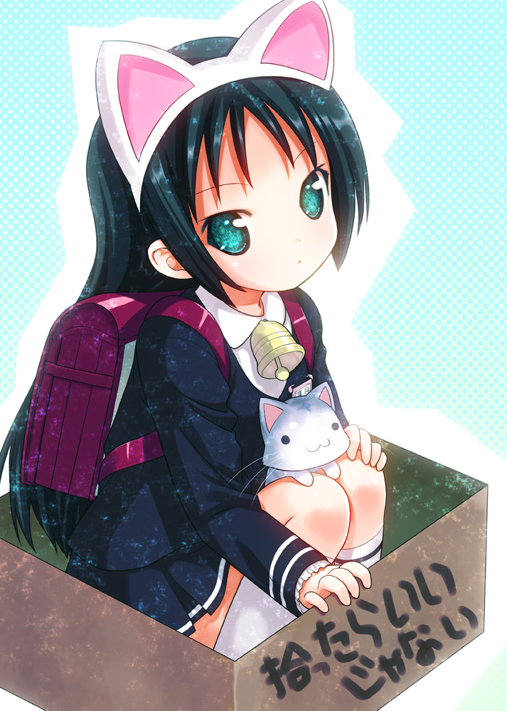 1girl, :3, animal_ears, backpack, bag, bell, black_hair, blazer