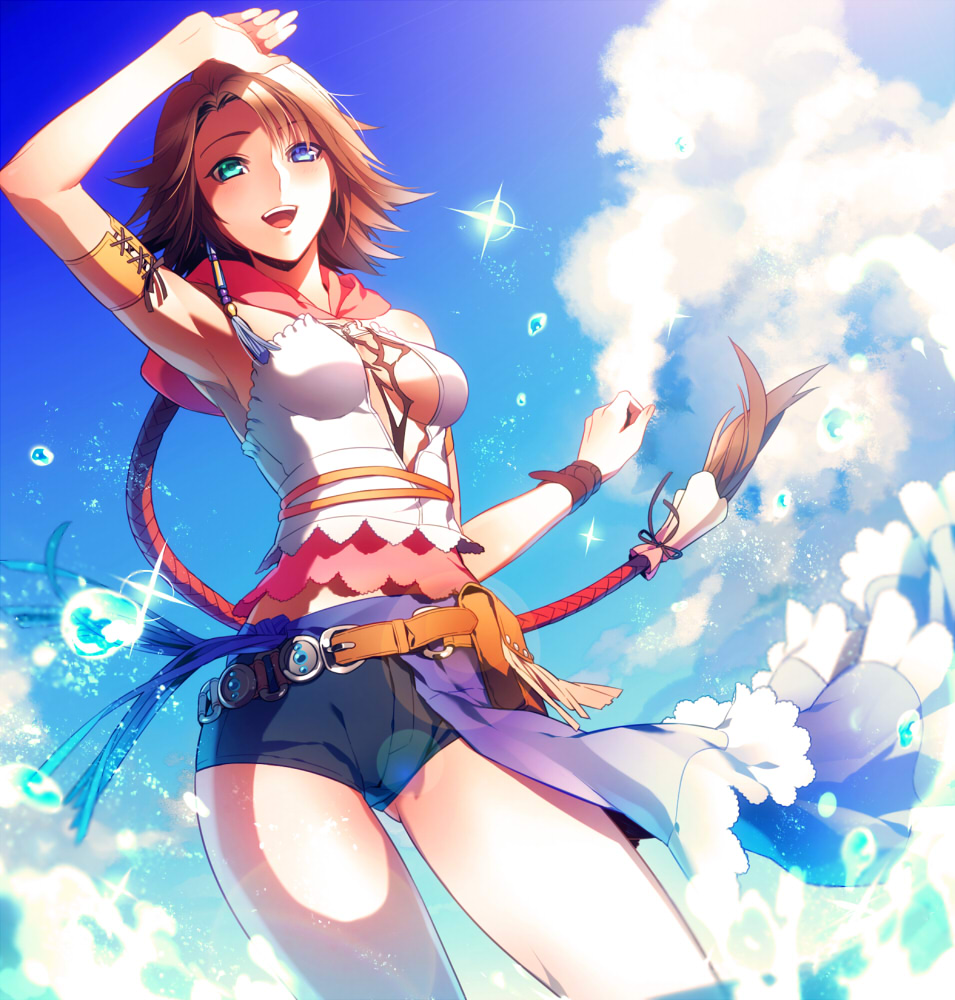 1girl, ai_(warekaku), arm_up, armpits, belt, blue_eyes, breasts, brown_hair, clouds, final_fantasy, final_fantasy_x, final_fantasy_x-2, flipped_hair, green_eyes, heterochromia, long_hair, short_shorts, shorts, sky, smile, solo, water, yuna