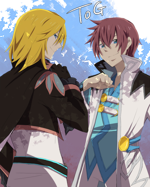 asbel_lhant, blonde_hair, blue_background, blue_eyes, brown_hair, leghorn, male, multiple_boys