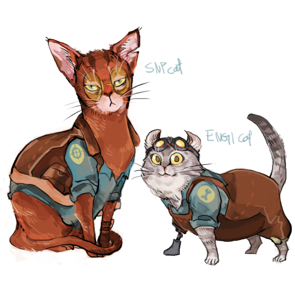 2boys, animalization, cat, goggles, goggles_on_head, looking_at_viewer, male, multiple_boys