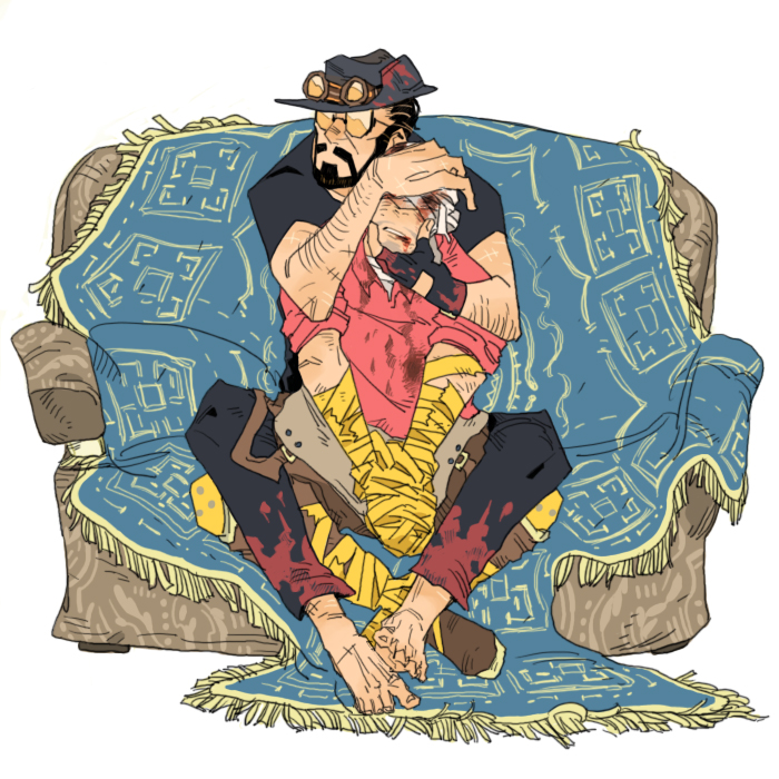 2boys, bandages, barefoot, beard, christian_brutal_sniper, facial_hair, goggles, goggles_on_head