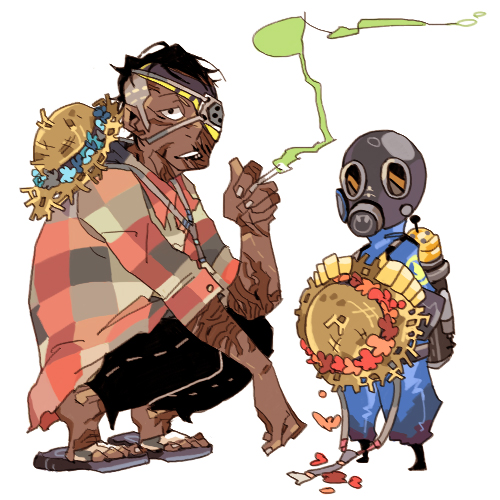 character_request, cigarette, eyepatch, gas_mask, hat, lowres, sandals, simple_background