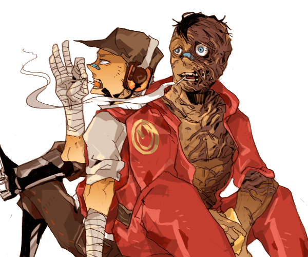 back-to-back, bandages, candy, cigarette, hat, headset, lollipop, mouth_hold