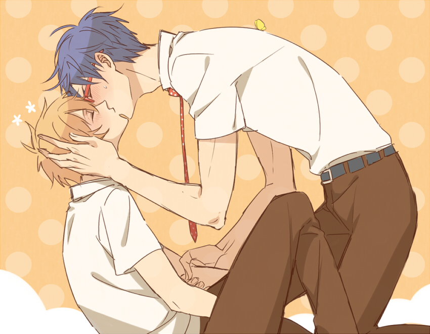 2boys, blonde_hair, blue_hair, blush, closed_eyes, free!, glasses, hazuki_nagisa