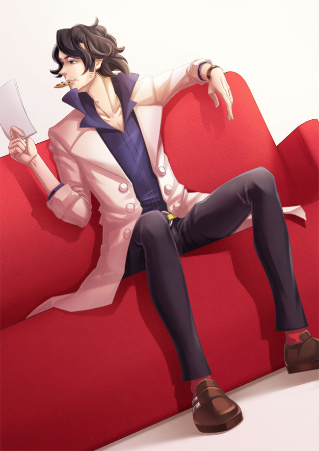 1boy, belt, blue_shirt, collar, cookie, couch, dress_shoes, food, fraosiboi, labcoat, platane_(pokemon), pokemon, pokemon_(game), pokemon_xy, shoes, watch, white_background