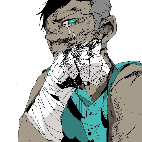 1boy, bandages, green_eyes, lowres, male, no_hat, simple_background, solo