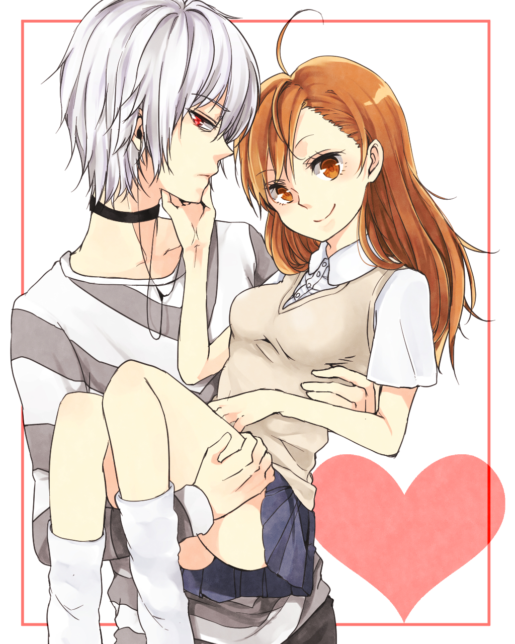 1boy, 1girl, accelerator, ahoge, akatsuki_kouya, brown_eyes, brown_hair, carrying, earphones, highres, last_order, long_hair, princess_carry, red_eyes, school_uniform, short_hair, smile, teenage, to_aru_majutsu_no_index, white_hair