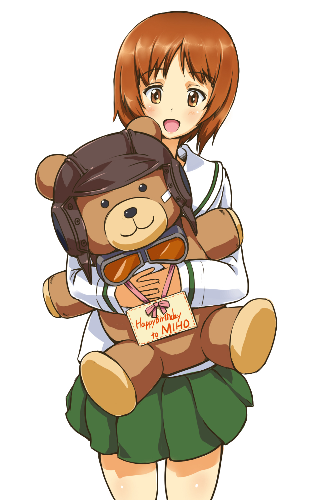 bandages, blush, brown_eyes, brown_hair, english, eshi_(solokov), girls_und_panzer, goggles