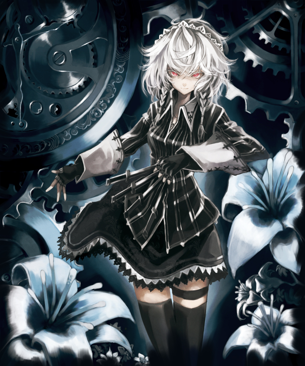 1girl, alternate_costume, azuki-taste, black_legwear, braid, breasts, dress, fingerless_gloves