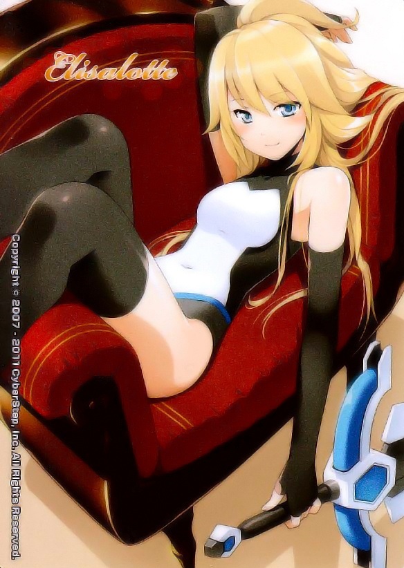 1girl, artist_request, blonde_hair, blue_eyes, bodysuit, character_name, cosmic_break, elisalotte