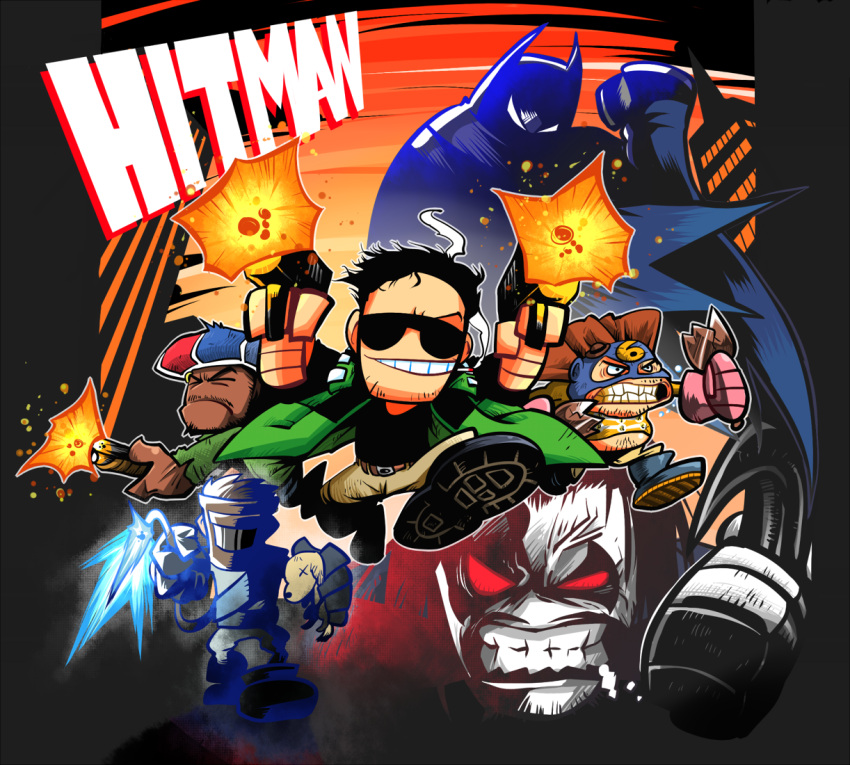6+boys, aiming_at_viewer, batman, black_hair, bottle, building, cape, chibi, cigarette, coat, copyright_name, corpse, dc_comics, dog, dogwelder, dual_wielding, facial_hair, firing, gloves, grin, hitman_(dc_series), lobo_(dc), male, mask, multiple_boys, natt_walls, raised_eyebrow, rariatto_(ganguri), red_eyes, section_8, sixpack_(dc), smile, smoke, smoking, sunglasses, teeth, tommy_monaghan, weapon, x_x