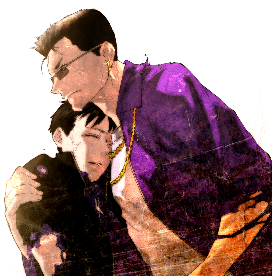 2boys, black_hair, boss_(saints_row), earrings, injury, jewelry, johnny_gat, multiple_boys