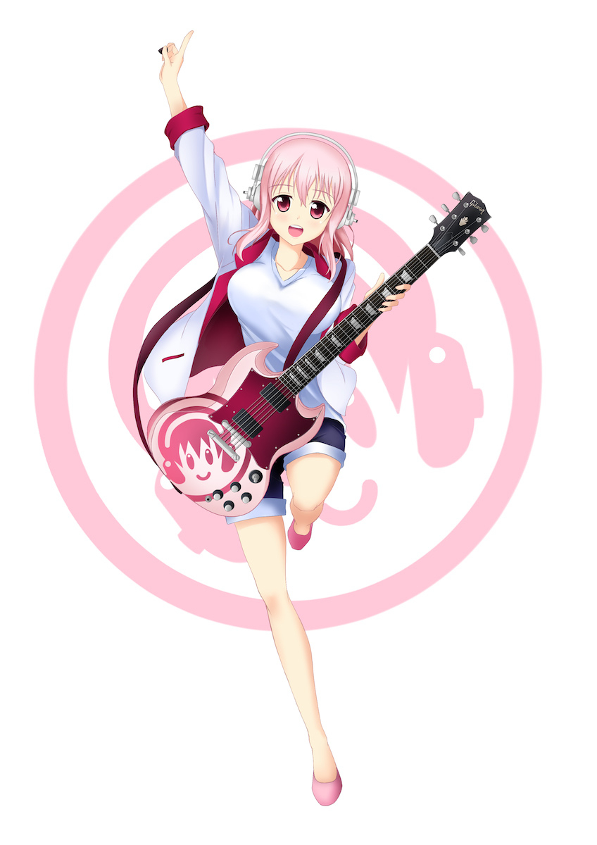 1girl, blush, breasts, cleavage, denim, denim_shorts, guitar, headphones, highres, instrument, jacket, large_breasts, long_hair, looking_at_viewer, musical_instrument, nitroplus, open_mouth, penq, pink_hair, plectrum, red_eyes, shoes, shorts, smile, solo, standing_on_one_leg, super_sonico, t-shirt