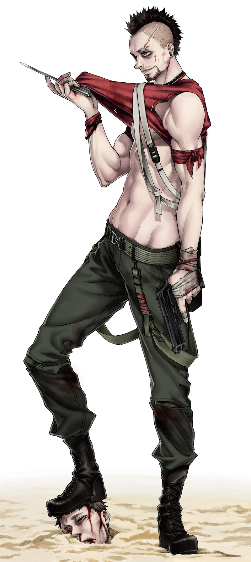 1boy, bandages, beard, black_hair, blood, blood_on_face, brown_eyes, facial_hair, far_cry_3, highres, mohawk, scar, sky360, solo, tagme, vaas