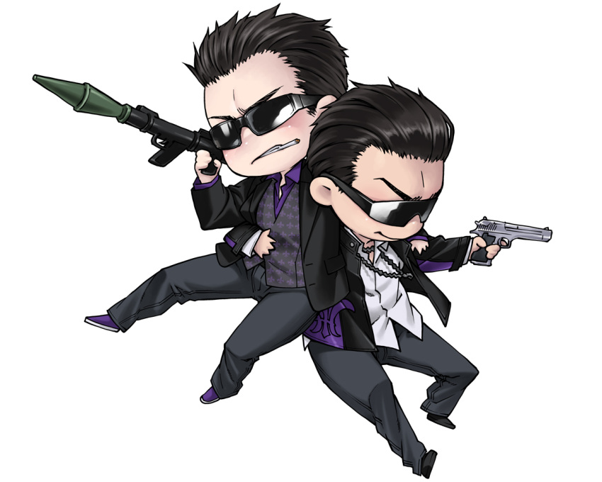 2boys, black_hair, boss_(saints_row), chibi, cigarette, gun, handgun, johnny_gat