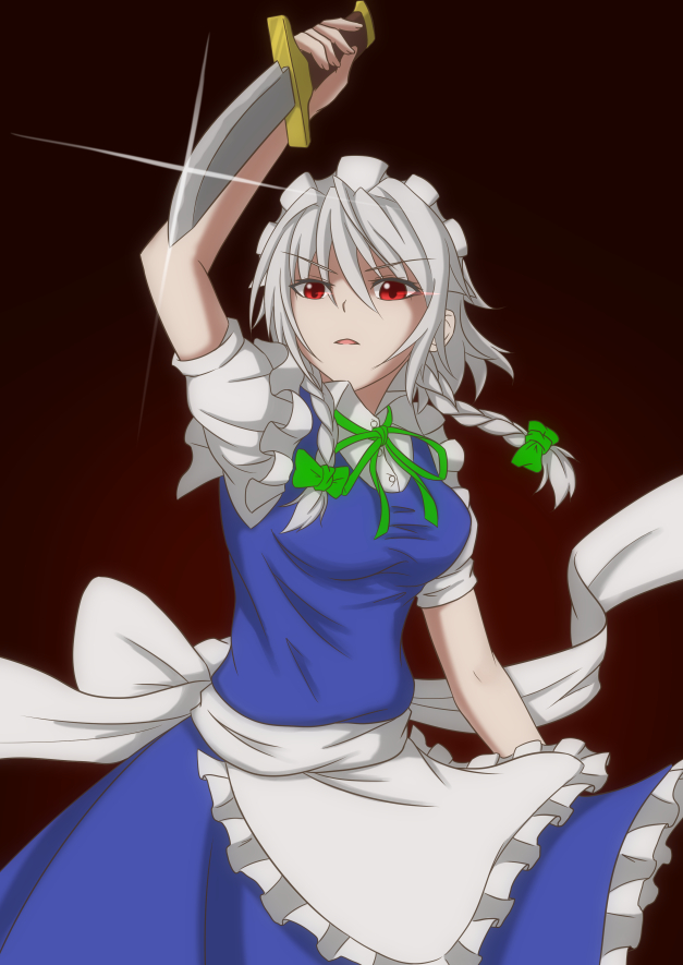 1girl, apron, arm_up, bow, braid, breasts, glint, gradient