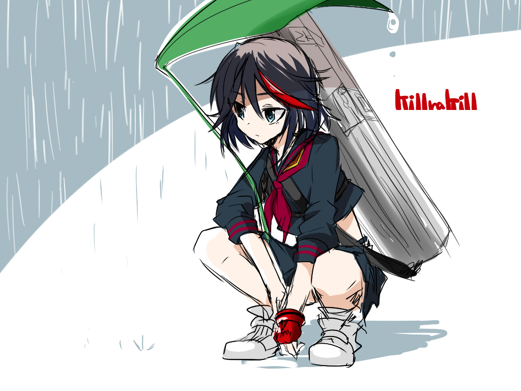 1girl, case, funmatu, kill_la_kill, leaf, leaf_umbrella, matoi_ryuuko, midriff