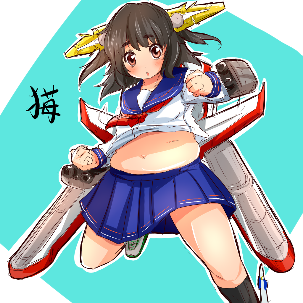1boy, armor, black_hair, blush, midriff, mori_anzu, navel, original, red_eyes, school_uniform, serafuku, short_hair, short_twintails, skirt, trap, twintails