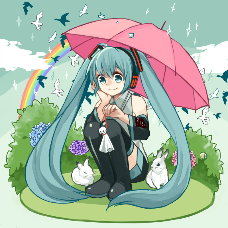 1girl, ahoge, amarisu, aqua_eyes, aqua_hair, bird, hatsune_miku, long_hair