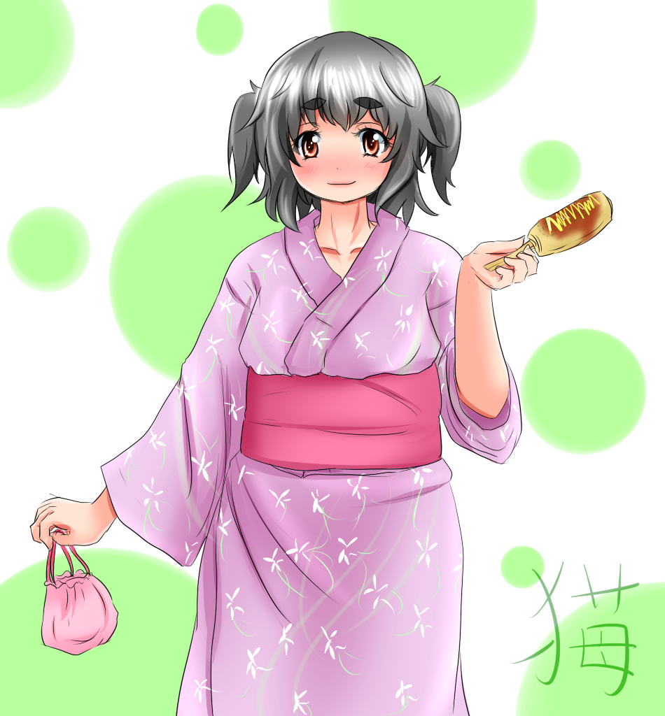 1boy, black_hair, blush, crossdressinging, food, japanese_clothes, kimono, mori_anzu, original, plump, red_eyes, short_hair, short_twintails, solo, trap, twintails