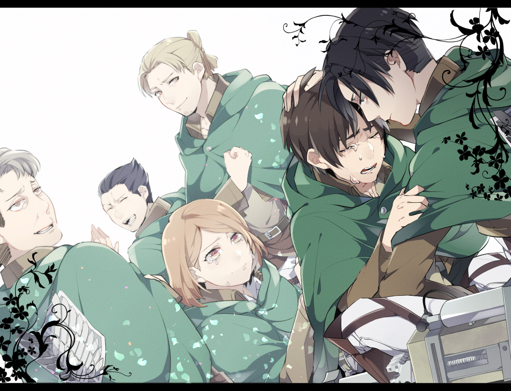 1girl, 5boys, auruo_bossard, black_hair, blonde_hair, brown_hair, cape, erd_gin