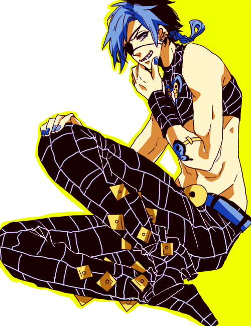 1boy, black_hair, blue_hair, eyepatch, genderswap, jojo_no_kimyou_na_bouken, kuujou_jolyne, multicolored_hair, nail_polish, solo, tauhu