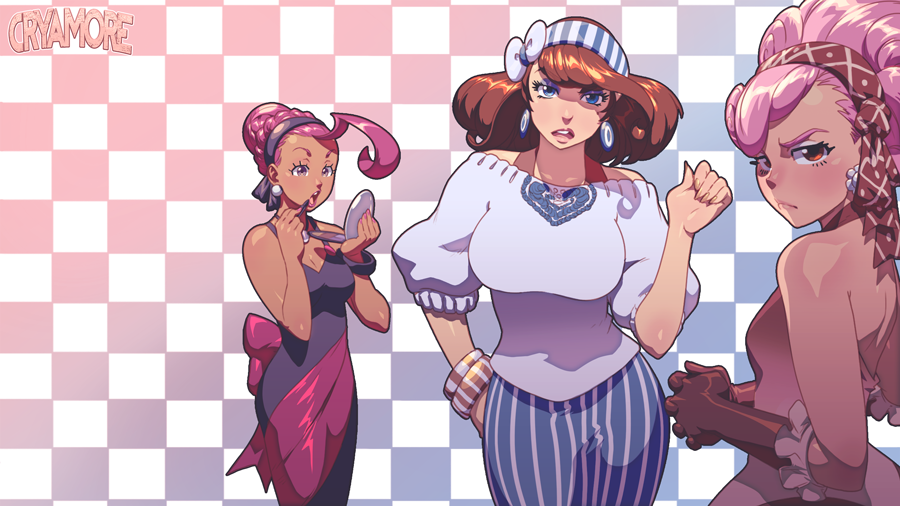 3girls, ahoge, applying_makeup, bangle, bare_shoulders, bliss_barson, blue_eyes, bracelet