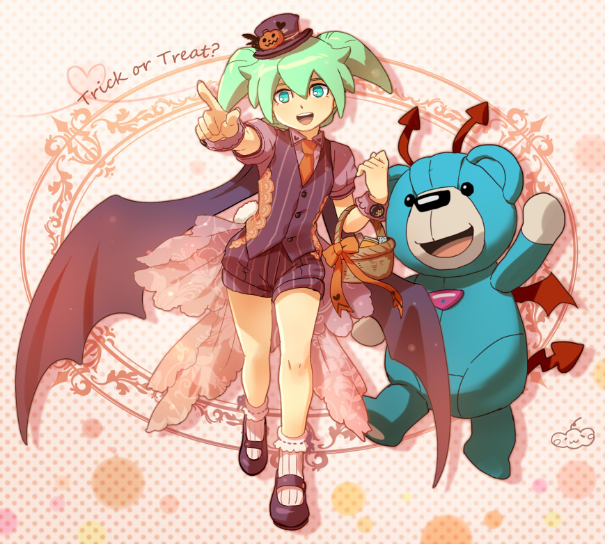 2boys, basket, bat_wings, bunny_tail, demon_tail, fei_rune, green_eyes, green_hair