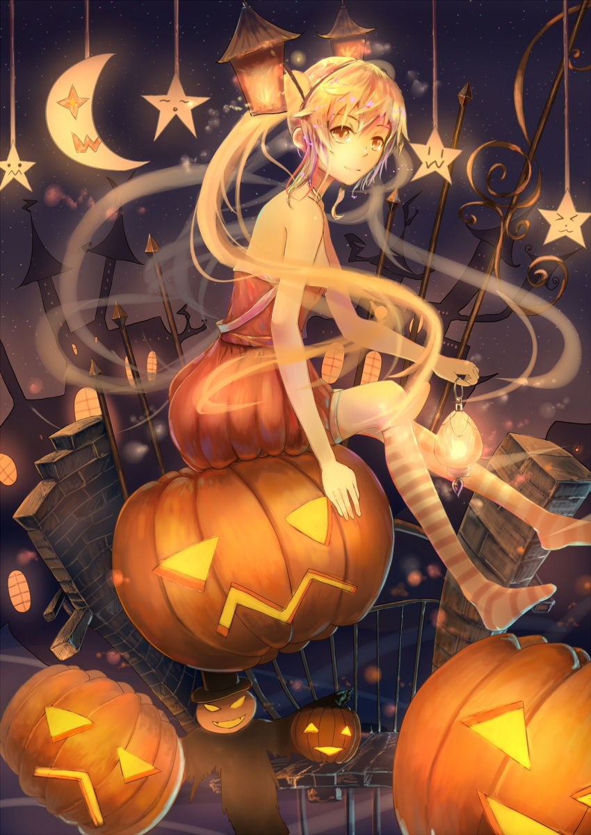1girl, halloween, hatsune_miku, highres, jack-o'-lantern, kneehighs, lantern, long_hair, night, sitting, solo, star, striped, striped_legwear, tangjinhang, twintails, very_long_hair, vocaloid