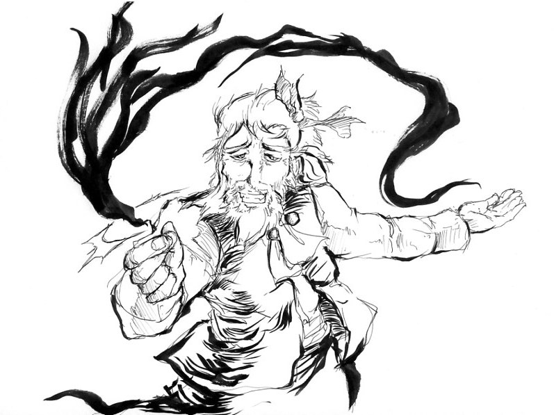 1boy, beard, darkness, facial_hair, genderswap, hair_ribbon, monochrome, old