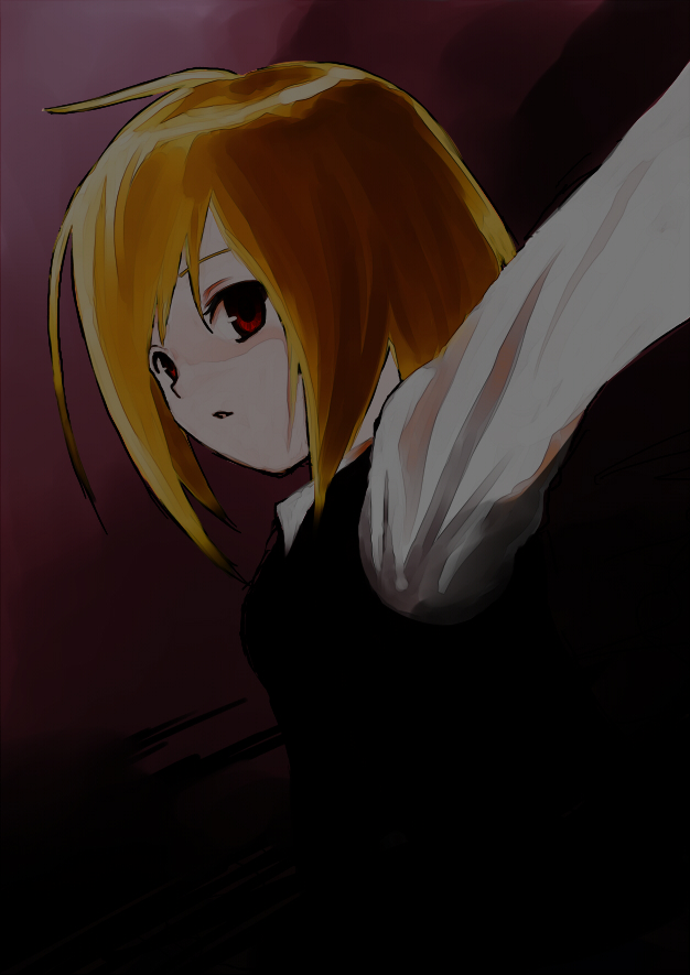 1girl, blonde_hair, blouse, darkness, ex-rumia, makaroni_taisa, red_eyes, rumia