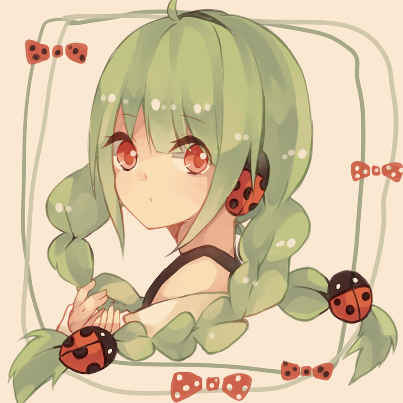 1girl, earmuffs, green_hair, hatsune_miku, ladybug, lemon_honey1013, red_eyes, solo