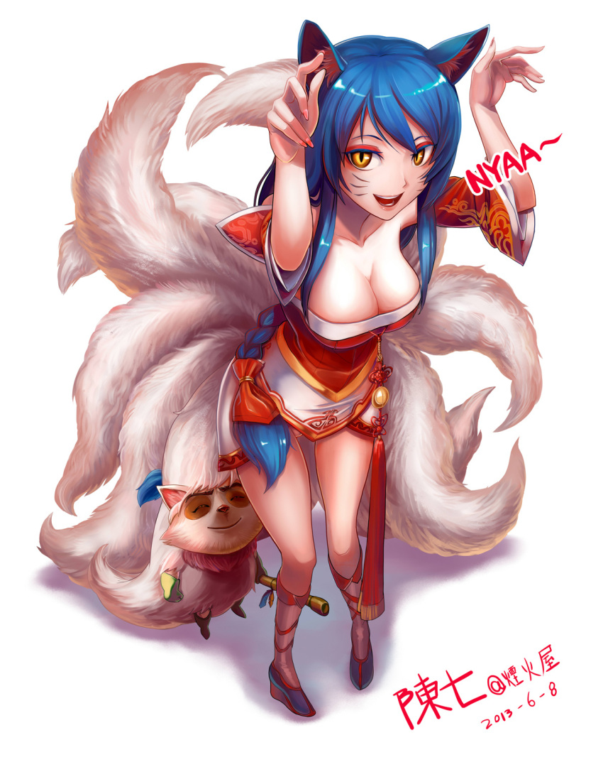 1girl, ahri, animal_ears, blue_hair, boots, braid, breasts, chanseven