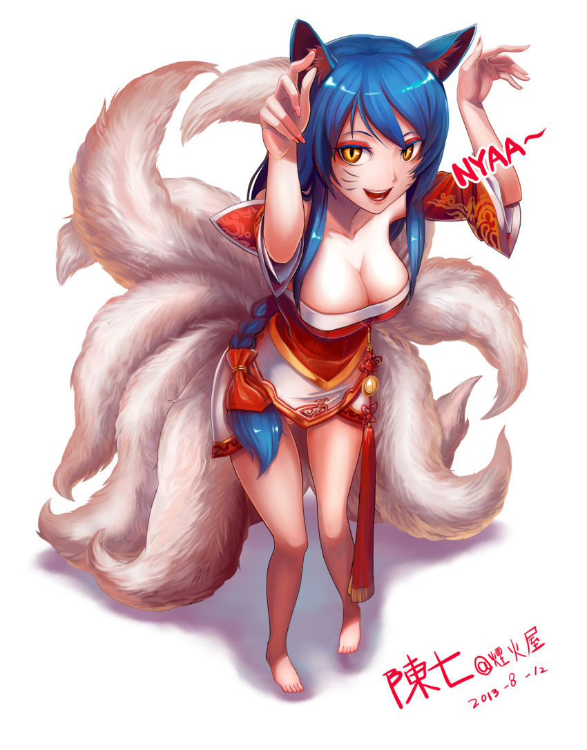 1girl, ahri, animal_ears, barefoot, blue_hair, braid, breasts, chanseven