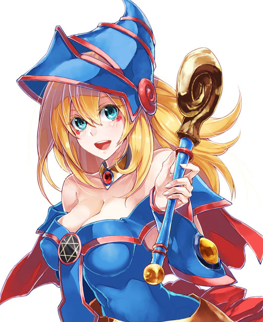 blonde_hair, blush, breasts, cleavage, dark_magician_girl, green_eyes, hands, hat
