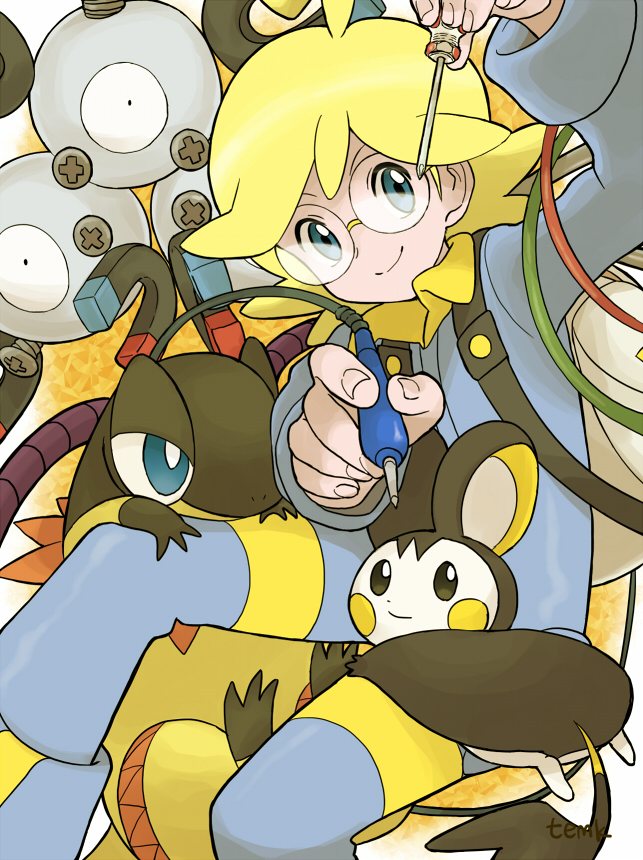 1boy, backpack, bag, blonde_hair, blue_eyes, cable, citron_(pokemon), creature